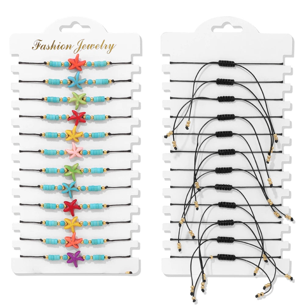 Wholesale 12Pcs/Set Colorful Natural Stone Bracelets Adjustable Rope Braided Bracelet Handmade Bohemia Bracelets with Cards