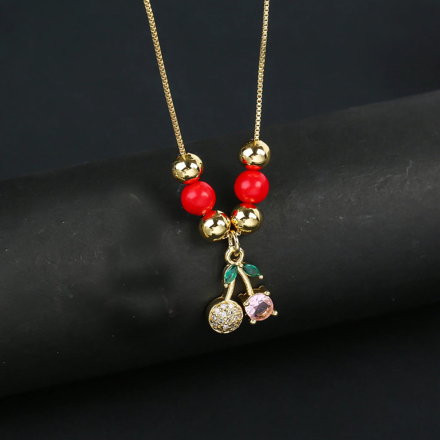 Hot Sale Crystal Red Cherry Pendant Necklace For Woman Gold Plated Fruit Collarbone Chain Fashion Daily Party Jewelry Gift