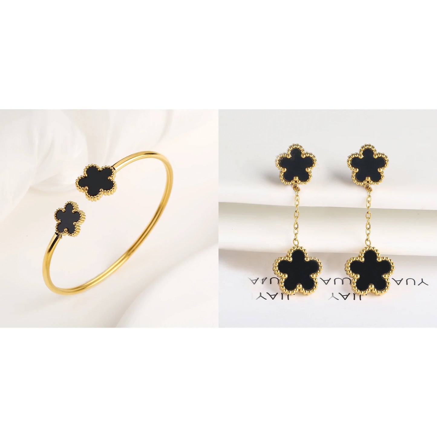 7 Color Bracelet Earrings Stainless Steel Five Leaf Flower Jewelry Set High Quality Woman Classic Daily Party Jewelry Clover New