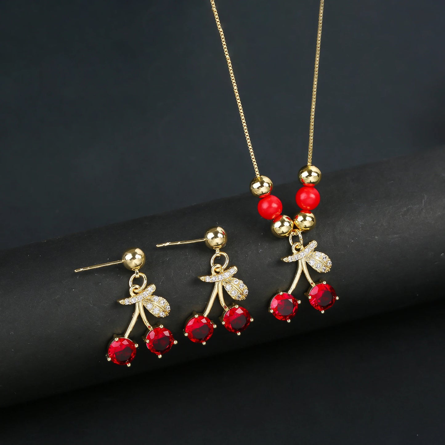 2pcs 22 Style Fashion Fruit Cherry Zircon Crystal Jewelry Set Earrings Necklace For Women Female New Trend Party Jewelry Gift