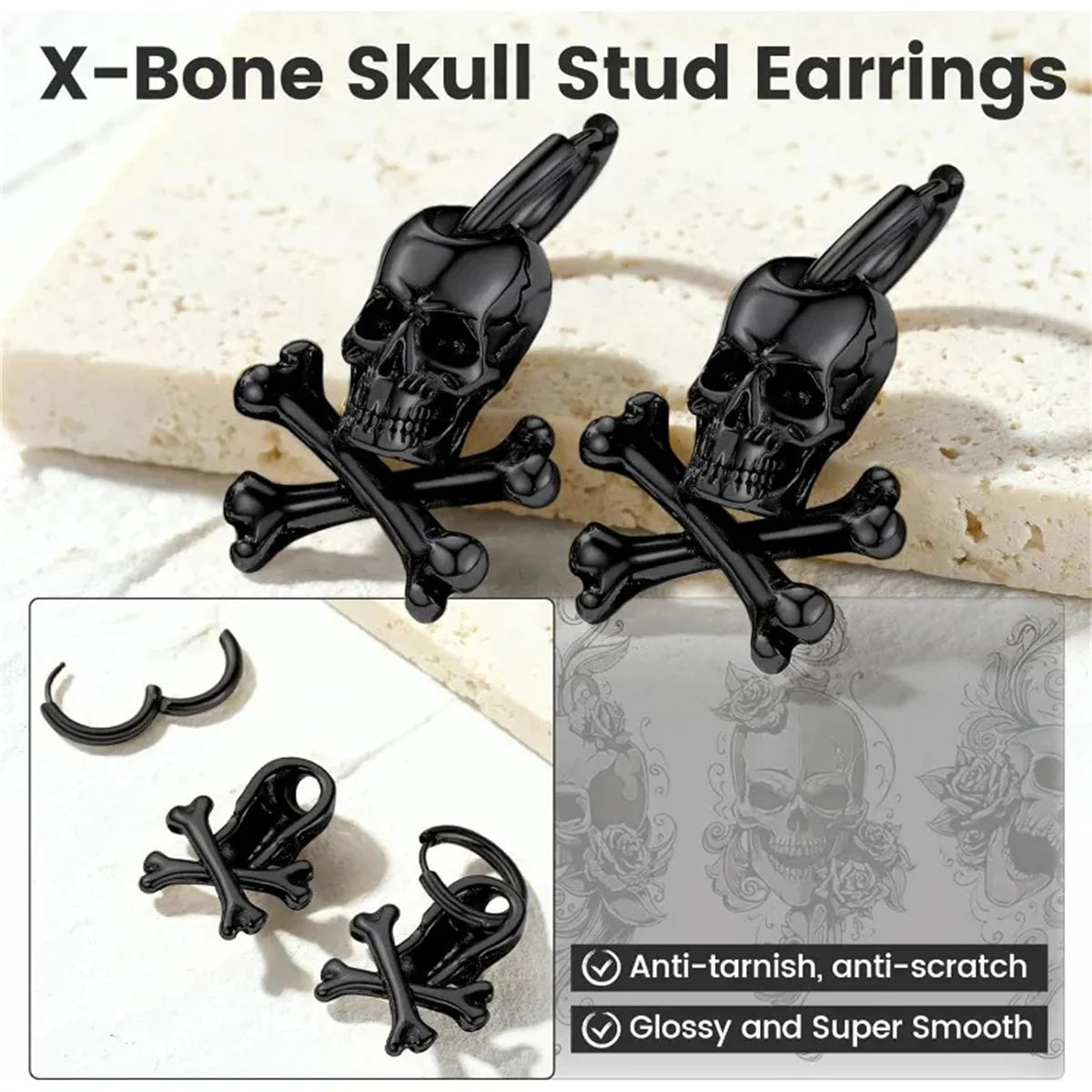 2PCS Hypoallergenic Stainless Steel Vintage Gothic Hollow Three Dimensional Lifelike Skeleton Dangle Huggie Hoop Skull Earrings