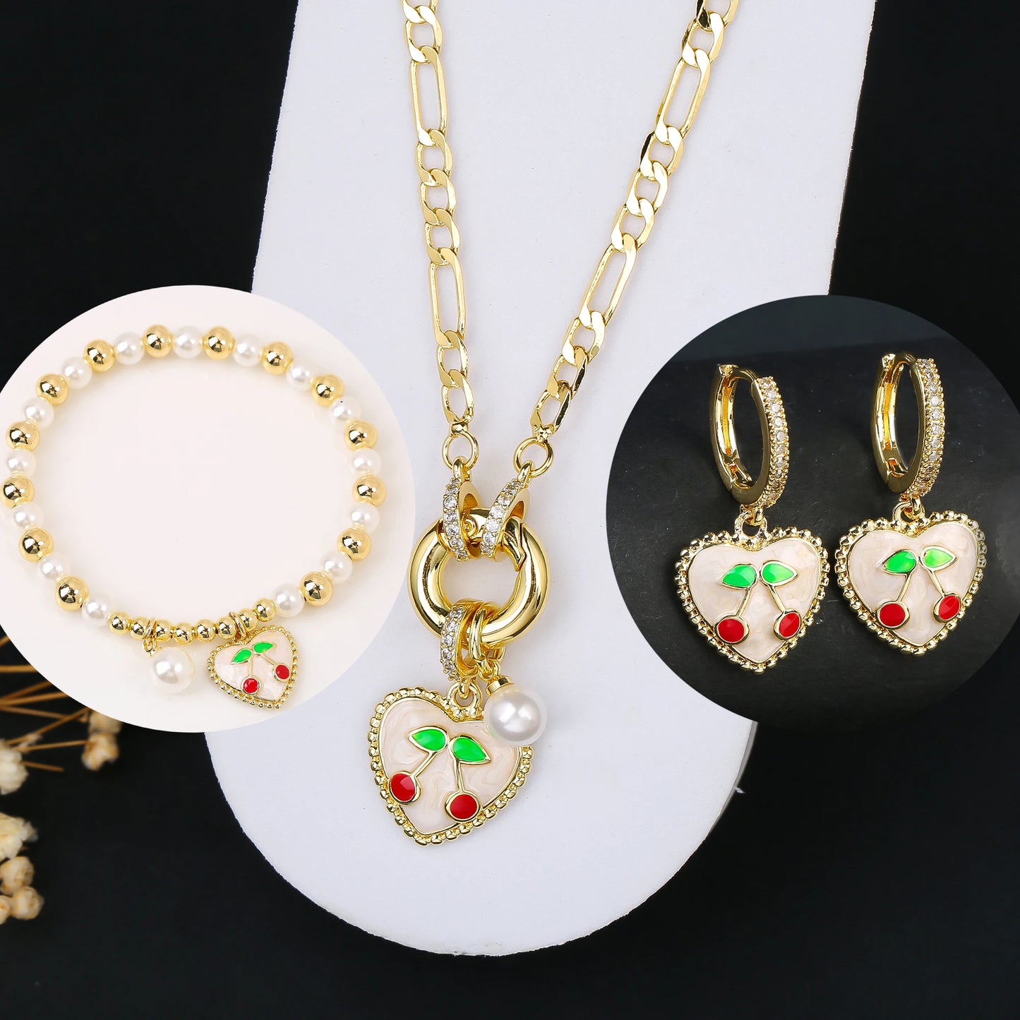 3pcs Hot Sale Shiny Zirconia Crystal Cherry Necklace Bracelet Earrings Jewelry Set Fashion for Woman Girl Wedding Lucky Jewelry
