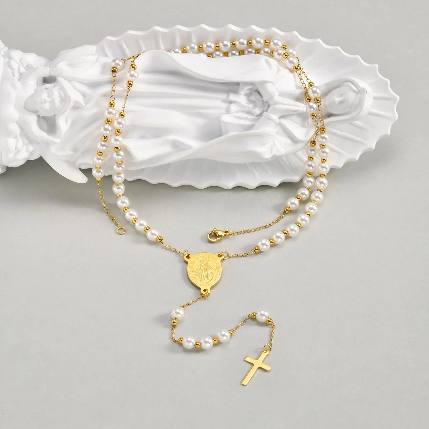 Imitation Pearl Beaded Chain Holy Virgin Mary Y-Shaped Necklace, Stainless Steel Cross Pendant Necklace,Religious Prayer Jewelry