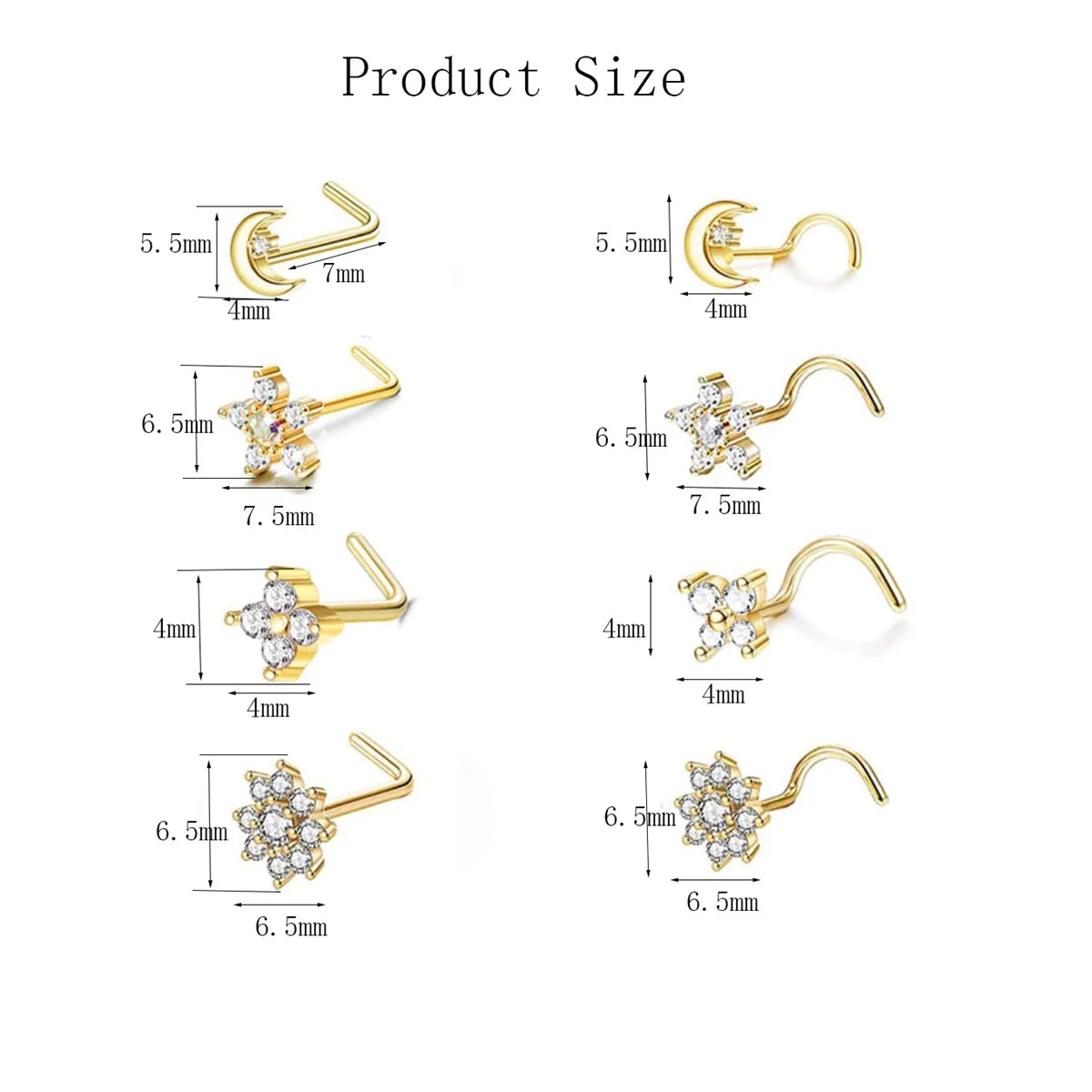 8Pcs 20G Fashion 316L Stainless Steel L Shape Nose Screw,CZ Hypoallergenic Nose Rings Studs Hoop Body Piercing Jewelry
