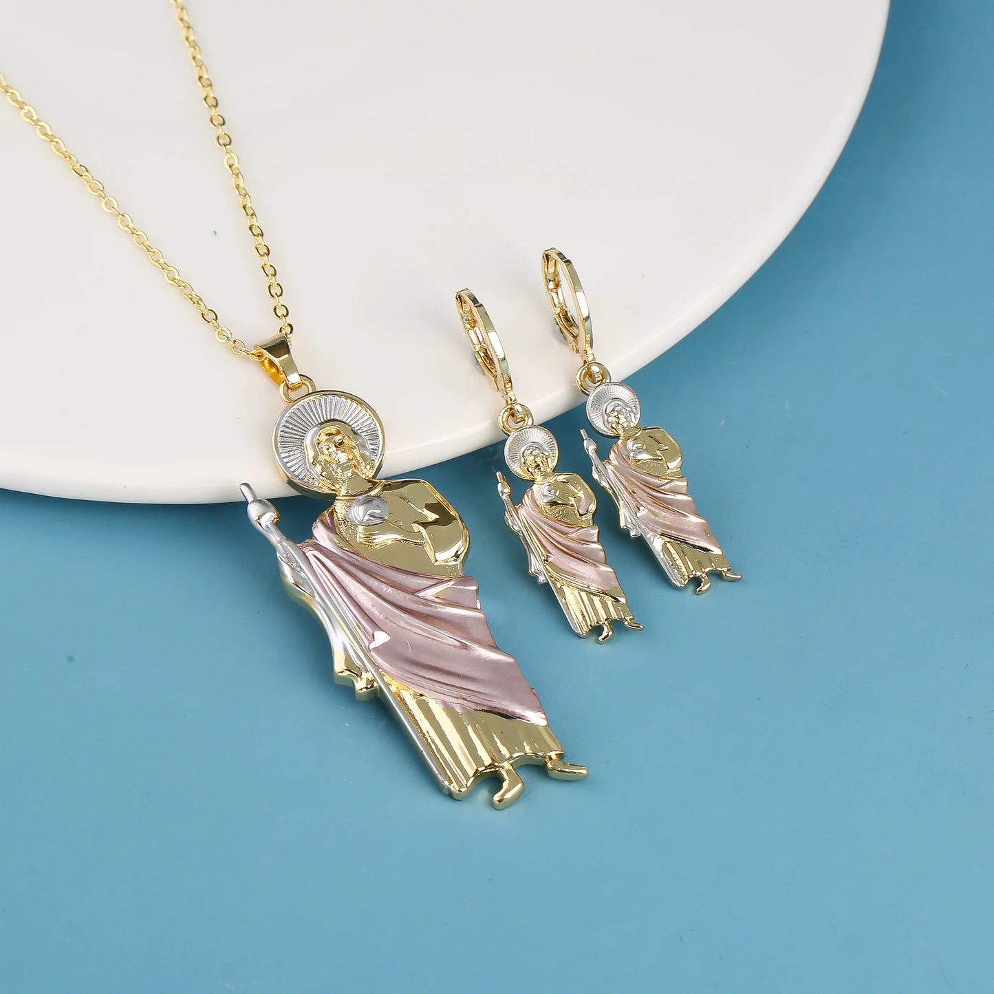 18K Gold Plated Religious Figures St. Jude Necklace Earrings Jewelry Set Simple for Woman Christian Catholic Jewelry Daily Wear