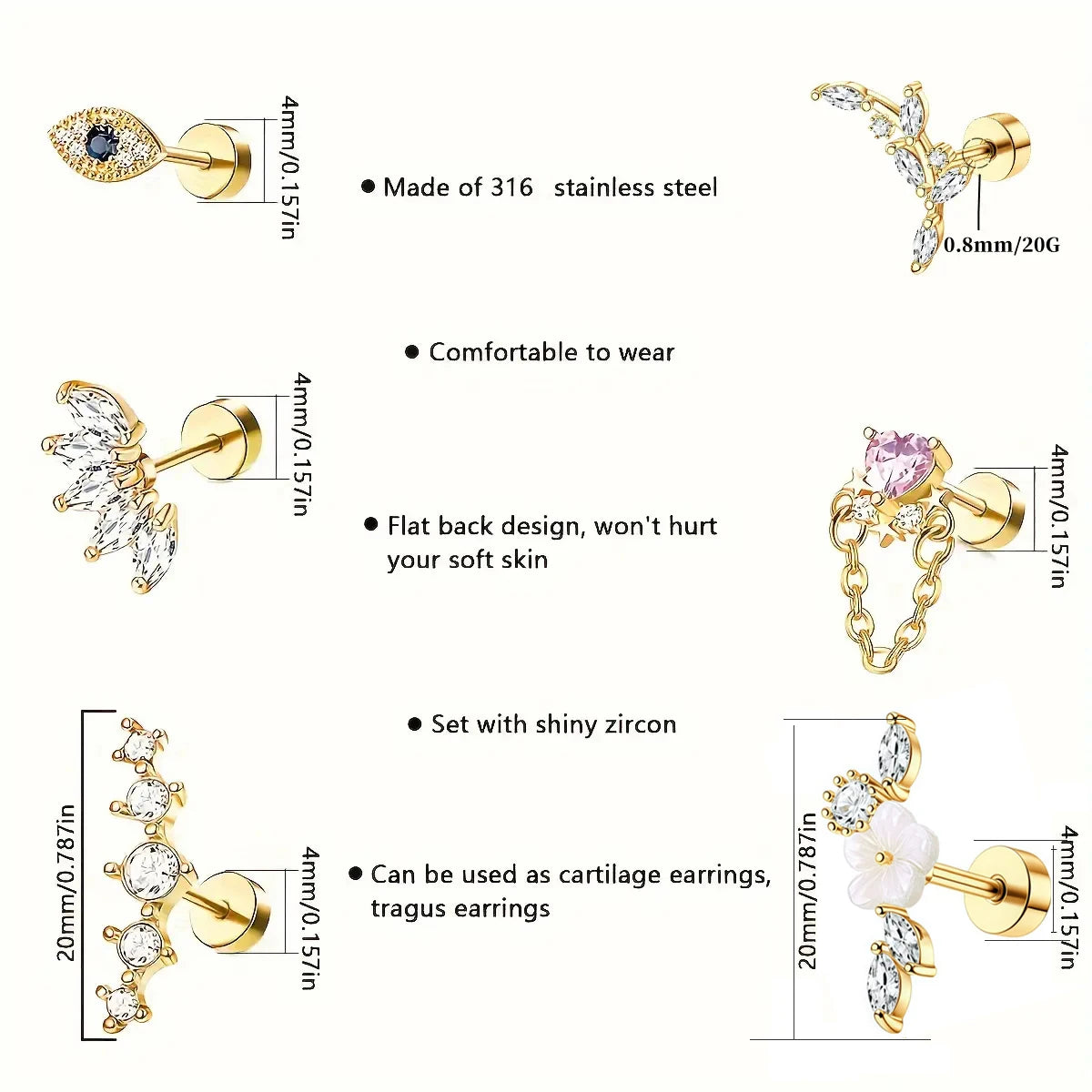 6Pcs 316 Stainless Steel Flat Back Spiral Ear Skull Stud Earrings,Shiny Cubic Zirconia Chain Screw Stud Piercing Jewelry Gifts