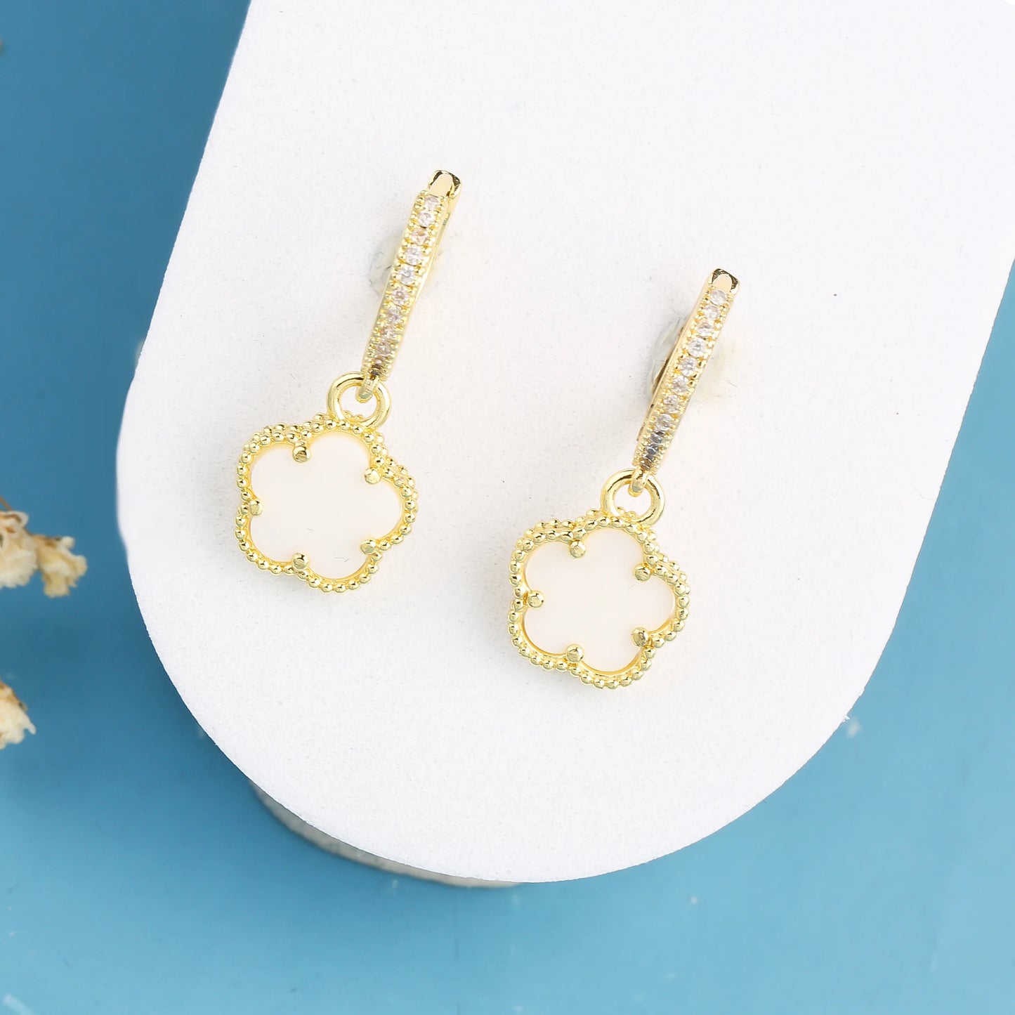 High Quality Natural Stone Five Leaf Flower Drop Earrings Simple for Woman Fashion Party Trend Zircon Jewelry Clover Gift