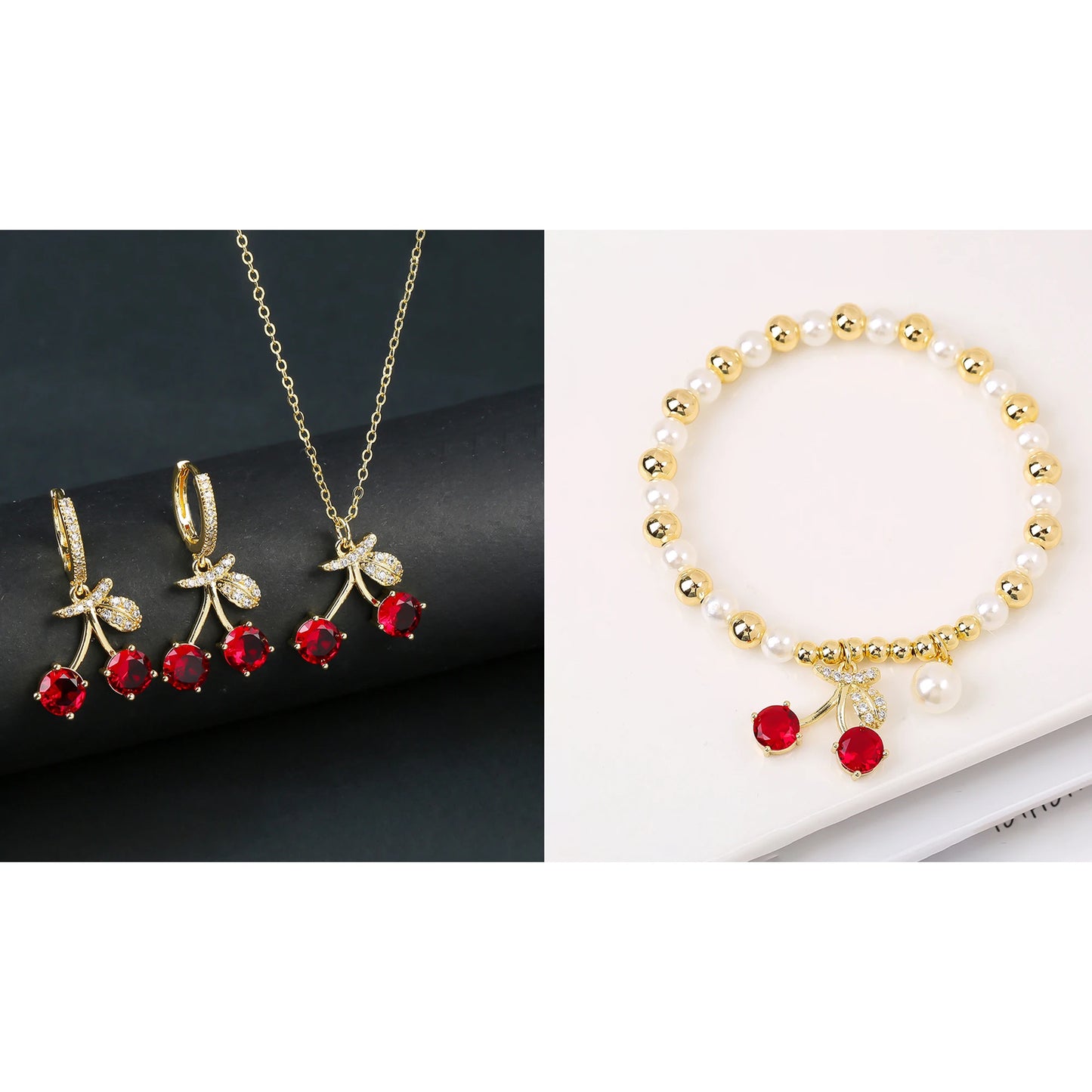 13 Style Choice 3pcs Lucky Red Cherry Crystal Fruit Bracelet Necklace Earrings Jewelry Set Luxury for Women Daily Party Jewelry