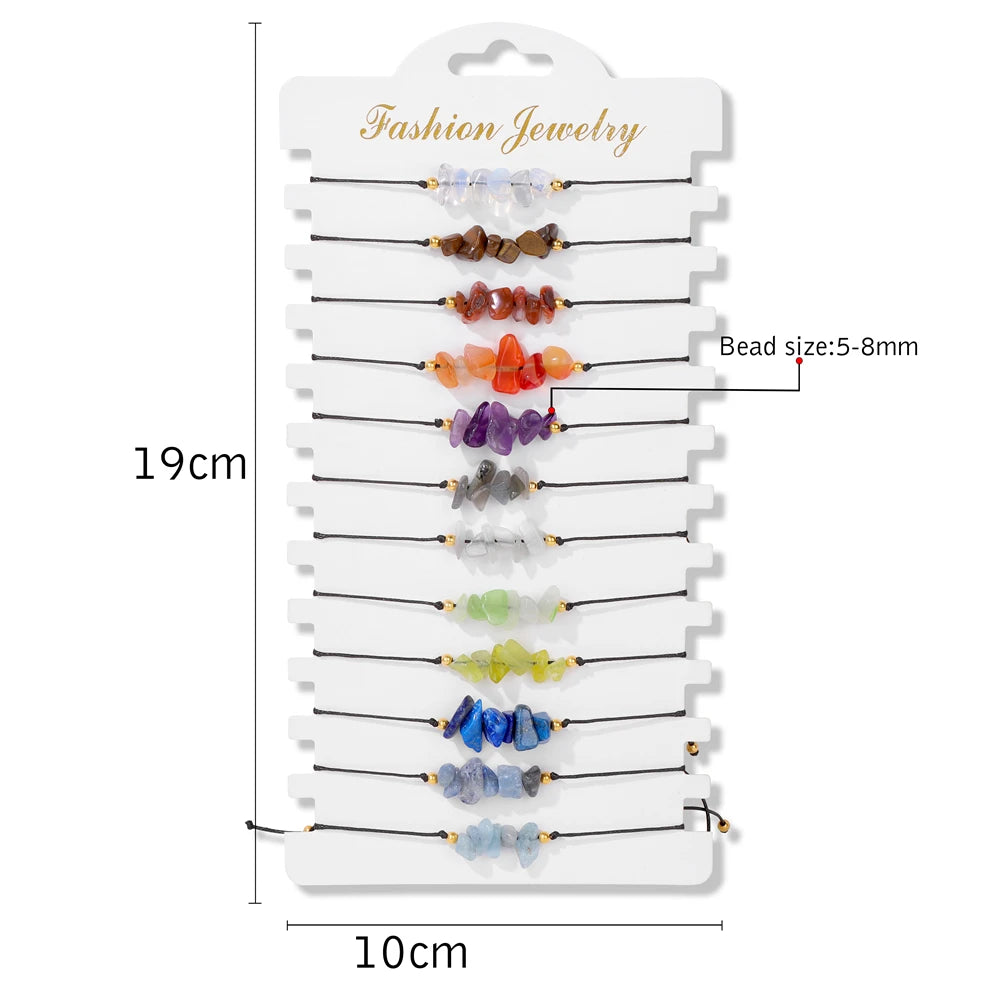 Wholesale 12Pcs/Set Colorful Natural Stone Bracelets Adjustable Rope Braided Bracelet Handmade Bohemia Bracelets with Cards