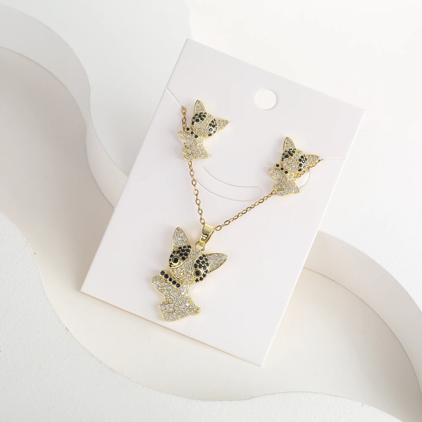 New Cute Zirconia Animal Bear Dolphin Leopard Dog Pendant Necklace Set Girls Anti-Allergy Earrings Holiday Party Gift Wholesale