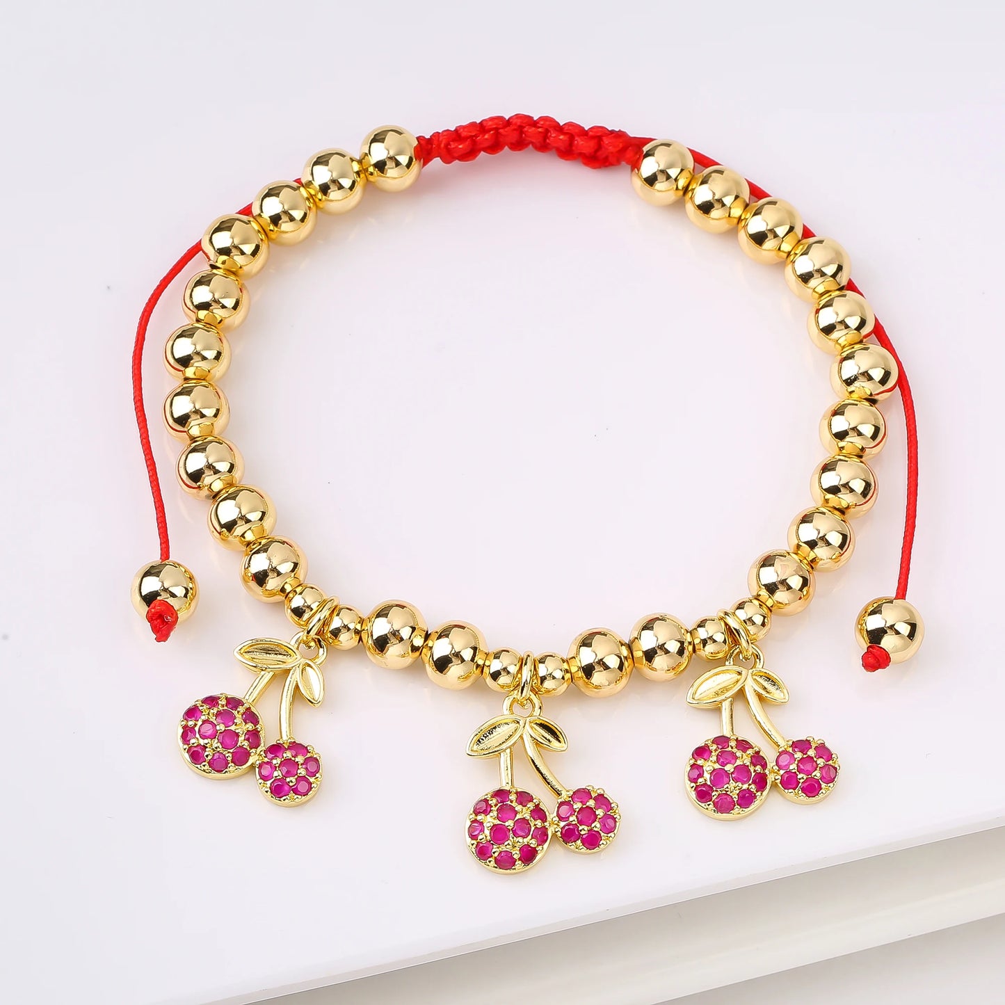Gold Plated 6mm Copper Bead Chain Braided Fruit Cherry Crystal Adjustable Bracelet New Fashion Woman Girl Daily Wear Jewelry