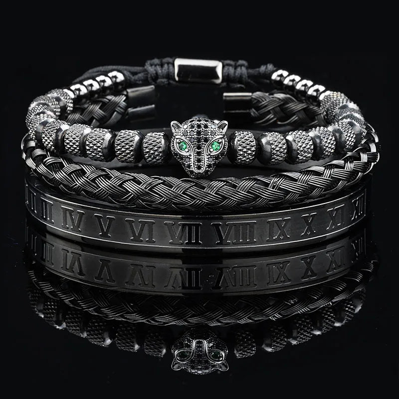 Luxury Black Stone Beads Leopard Head Man Bracelet Enamel Stainless Steel Roman Bangles Women Jewelry Set