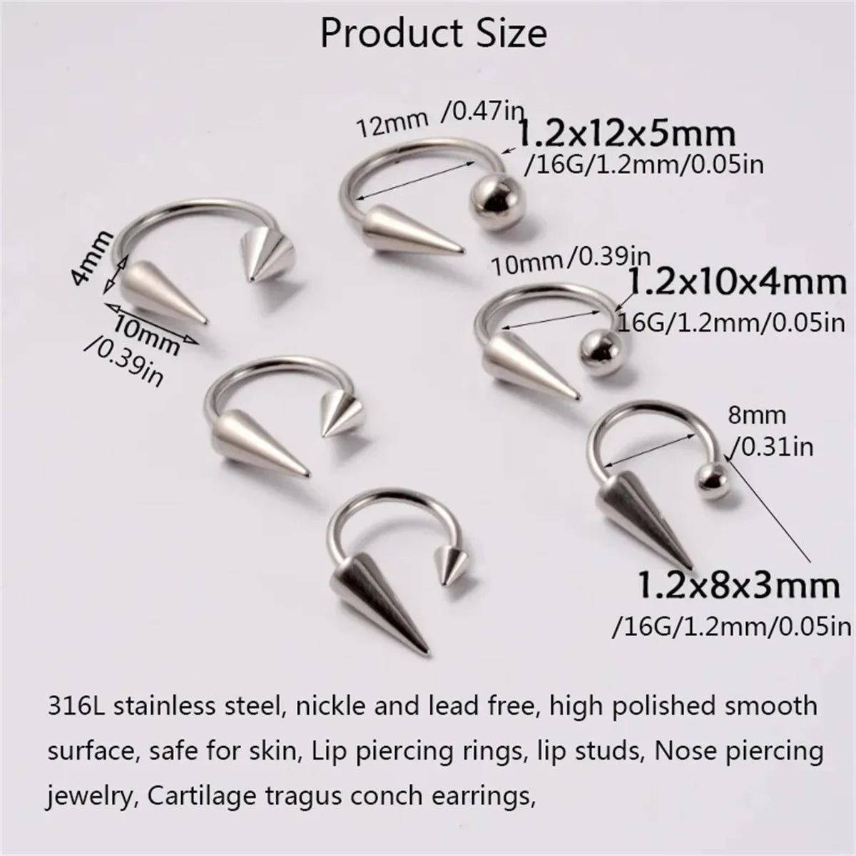2Pcs 16G Simple Stainless Steel Piercing Lip Ring,Fashion Lip Studs Gothic Piercing Lip Nose Ring Labret Body Piercing Jewelry