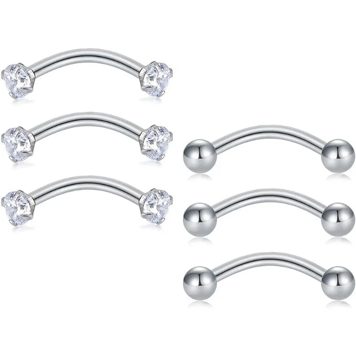 6Pcs Elegant Fashion 316 Stainless Steel Curved Barbell Eyebrow Ring,Inlaid Shiny Zircon Belly Lip Ring Body Piercing Jewelry