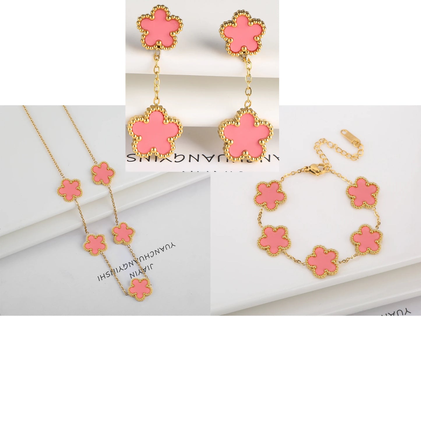 3Pcs Luxury Stainless Steel Five Leaf Flower Jewelry Set Bracelet Necklace Earrings Classic for Women Daily Party Jewelry Clover