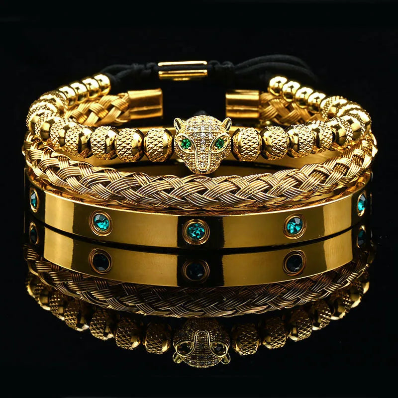 Luxury Black Stone Beads Leopard Head Man Bracelet Enamel Stainless Steel Roman Bangles Women Jewelry Set