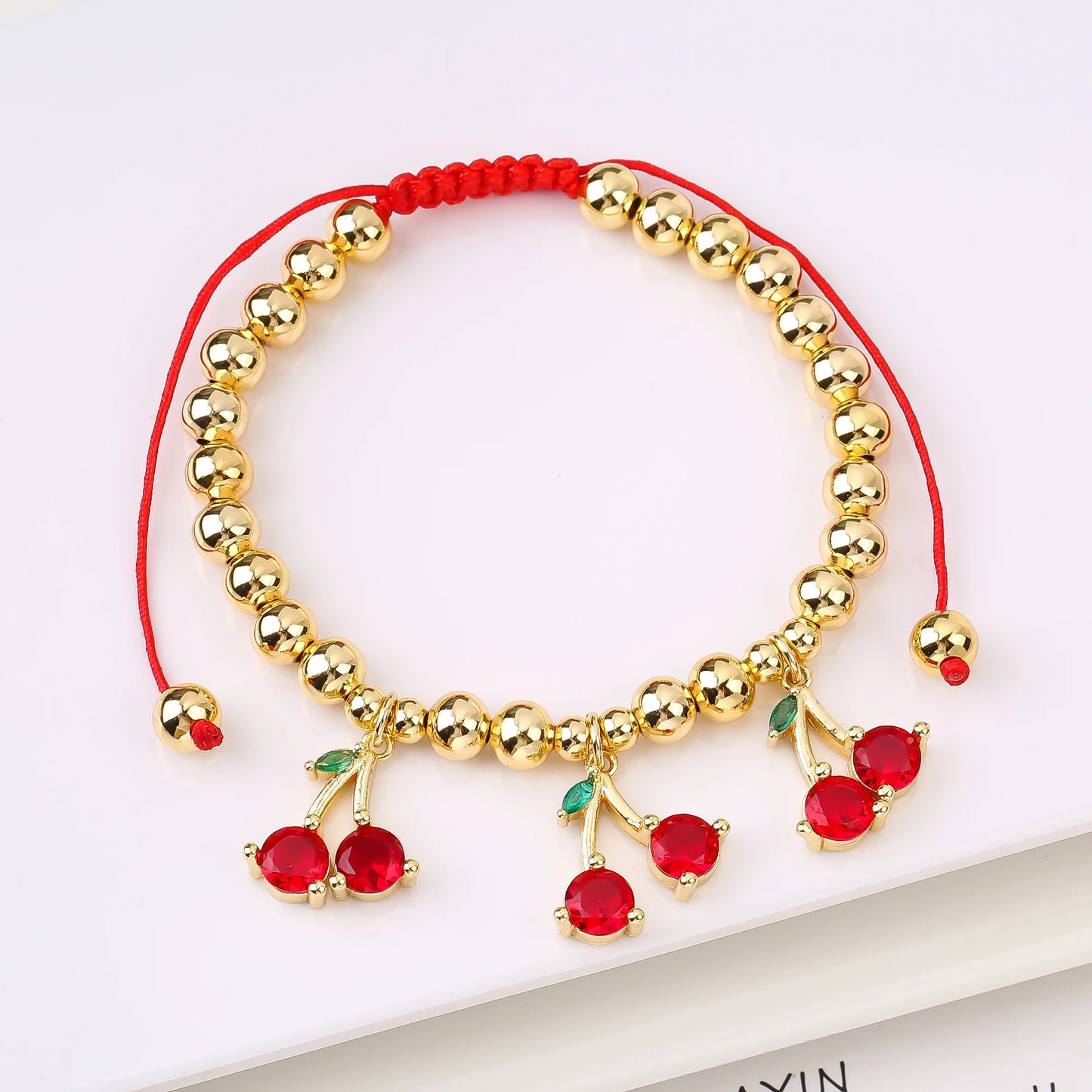 Gold Plated 6mm Copper Bead Chain Braided Fruit Cherry Crystal Adjustable Bracelet New Fashion Woman Girl Daily Wear Jewelry
