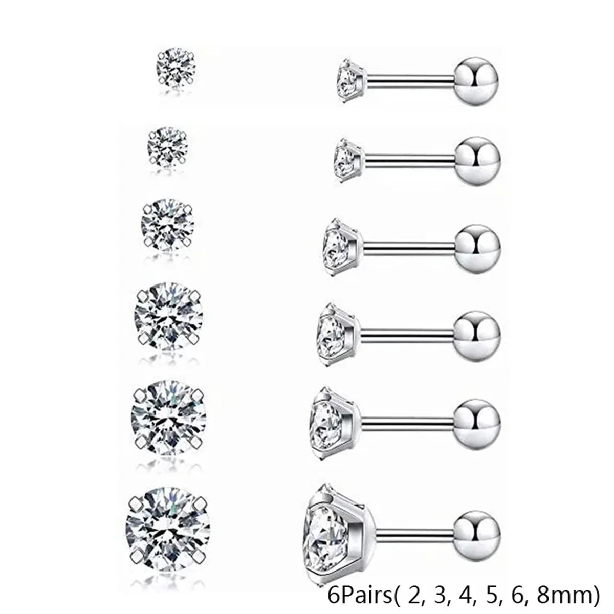 2/6/12pcs 20G Inlaid Cubic Zirconia Stud Earrings,Stainless Steel Screw Back Barbell Studs Daith Tragus Cartilage Earrings