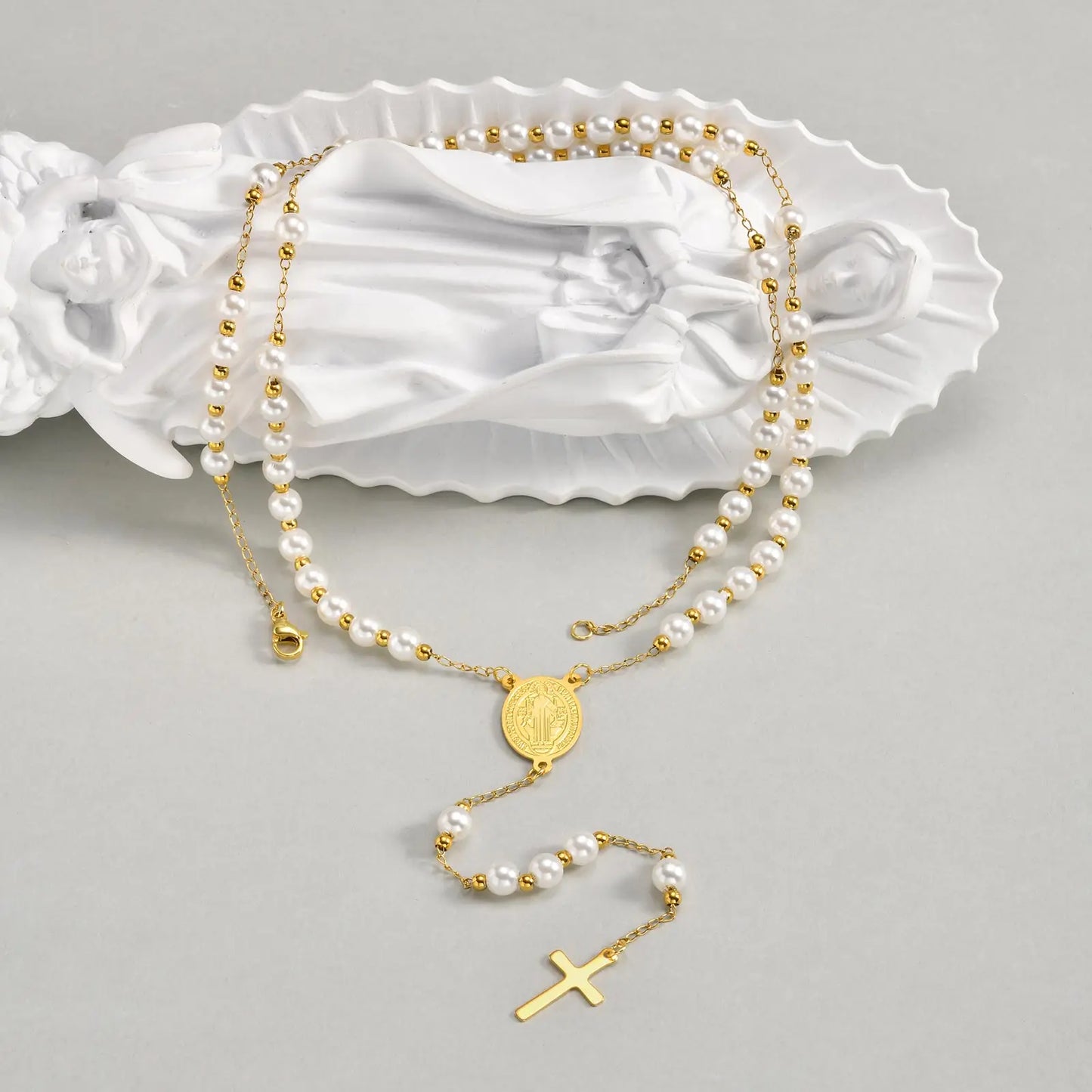 Imitation Pearl Beaded Chain Holy Virgin Mary Y-Shaped Necklace, Stainless Steel Cross Pendant Necklace,Religious Prayer Jewelry
