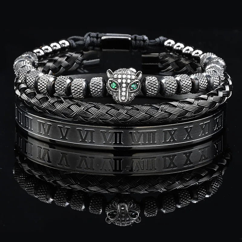 Luxury Black Stone Beads Leopard Head Man Bracelet Enamel Stainless Steel Roman Bangles Women Jewelry Set