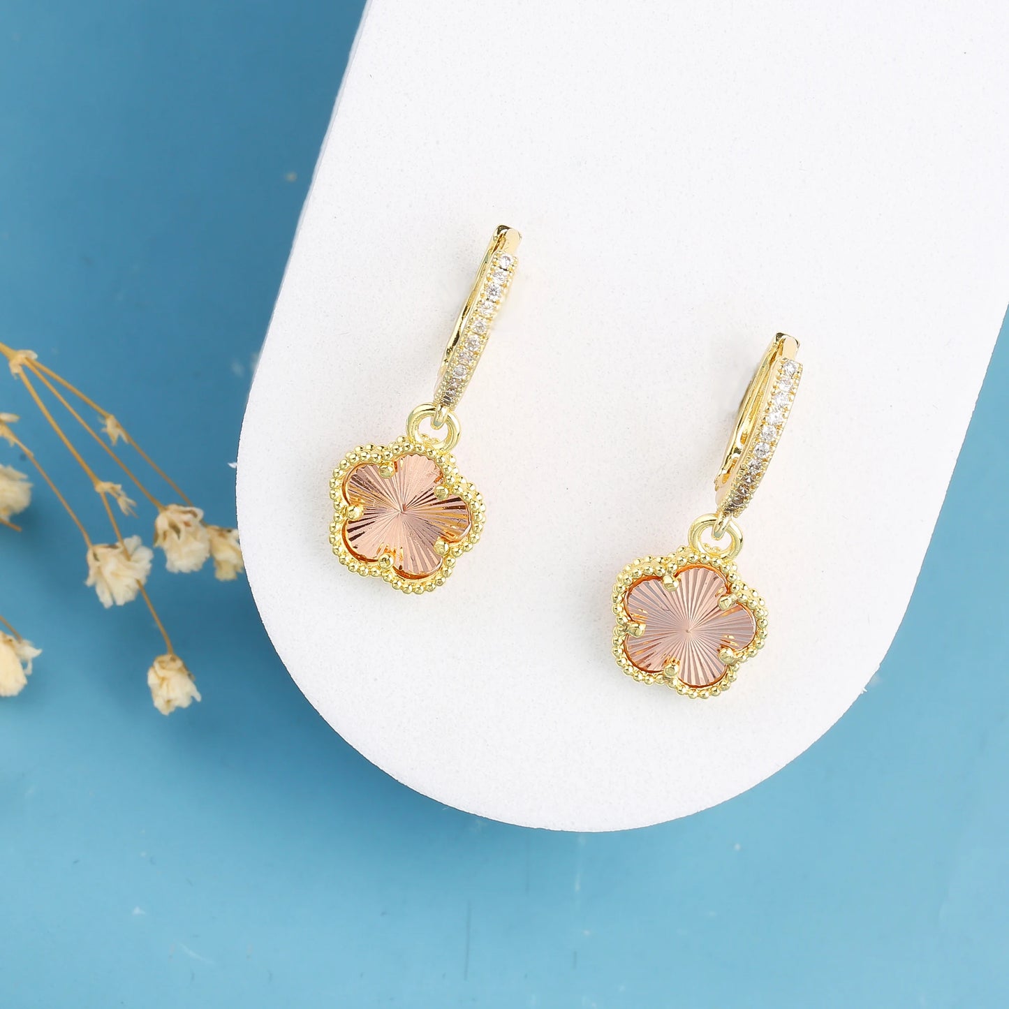 High Quality Natural Stone Five Leaf Flower Drop Earrings Simple for Woman Fashion Party Trend Zircon Jewelry Clover Gift