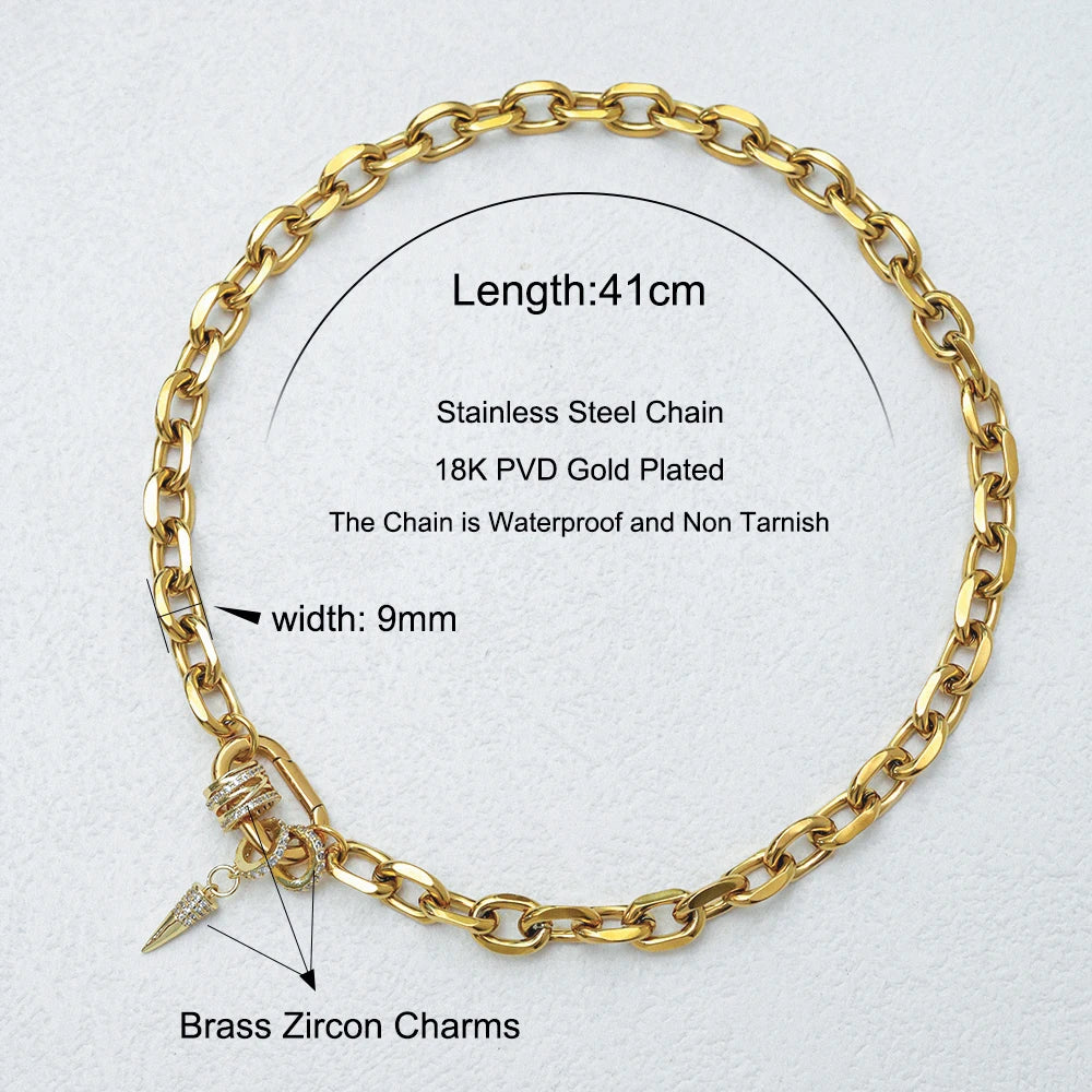 Freeshippings Item Non Tarnish Jewelry Stainless Steel 18K Gold Plated Oval Link Spring Clasp Full Zircon Charms Choker Necklace
