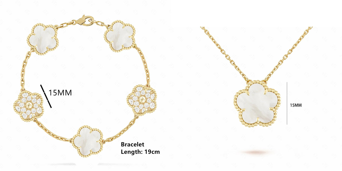 Simple 15mm Natural Shell Stone Five-Leaf Flower Set Bracelet Necklace Classic Flower Woman Jewelry Sets For Party Daily Wear