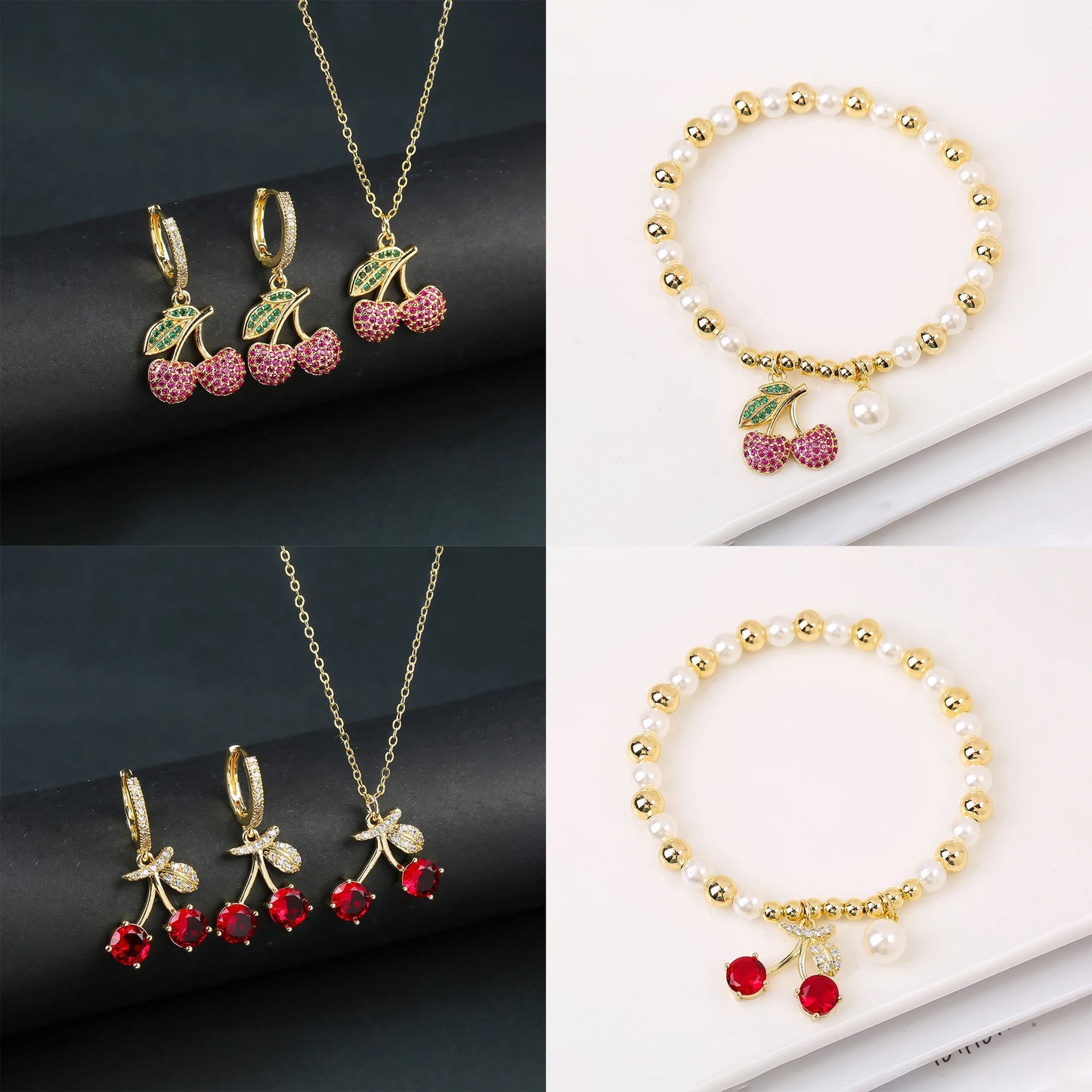 13 Style Choice 3pcs Lucky Red Cherry Crystal Fruit Bracelet Necklace Earrings Jewelry Set Luxury for Women Daily Party Jewelry