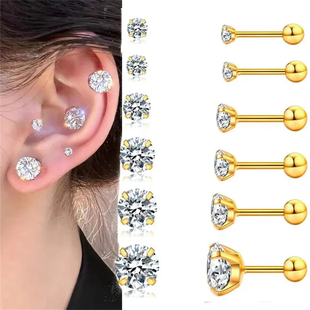 2/6/12pcs 20G Inlaid Cubic Zirconia Stud Earrings,Stainless Steel Screw Back Barbell Studs Daith Tragus Cartilage Earrings