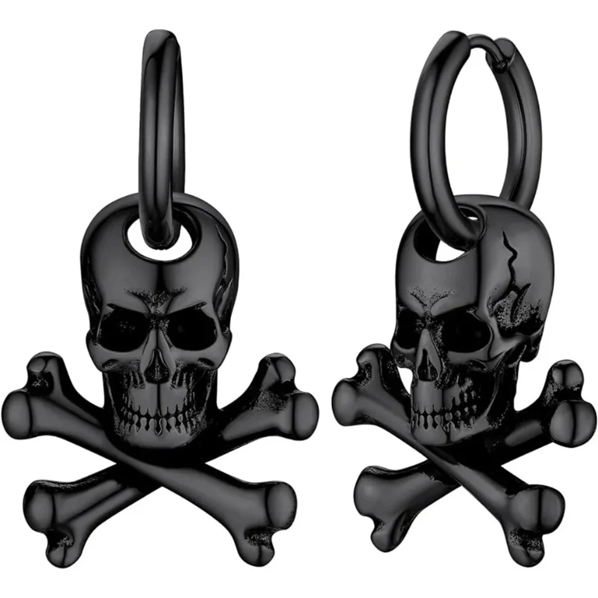 2PCS Hypoallergenic Stainless Steel Vintage Gothic Hollow Three Dimensional Lifelike Skeleton Dangle Huggie Hoop Skull Earrings