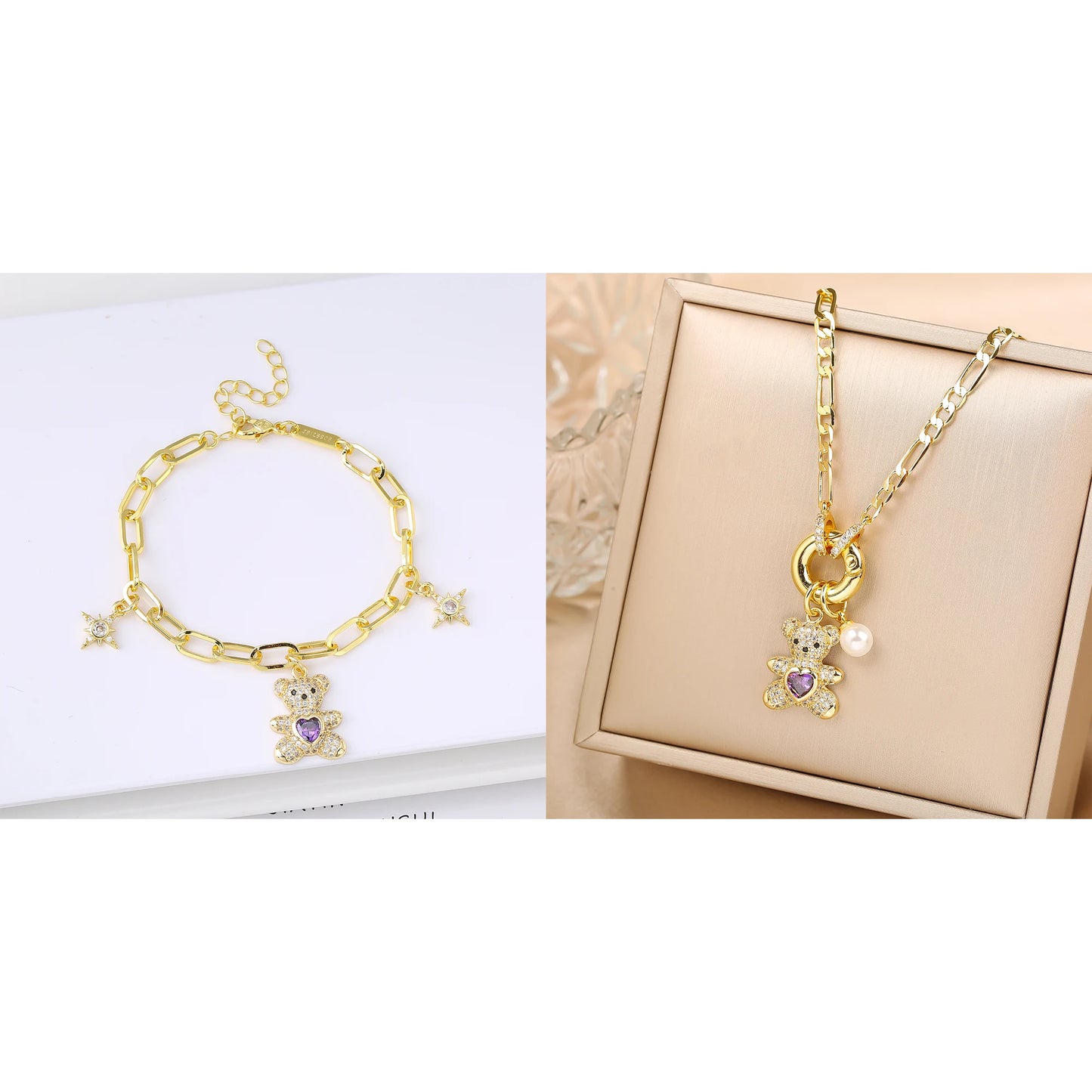 Hot Sale 2PCS Animal Bear Zirconia Bracelet Jewelry Necklace Set for Women Female Daily Party Crystal Jewelry Girl Gift