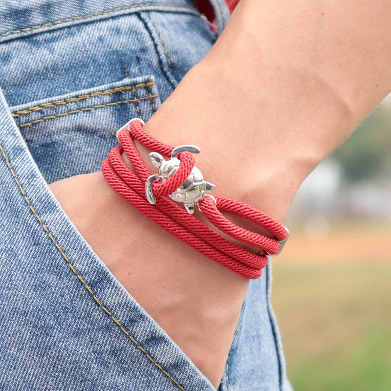 Male Silver Color Sea Turtle Rope Bracelets For Women Men Wristband Jewelry High Quality Milan Line Pure Hand Knitting Bracelet