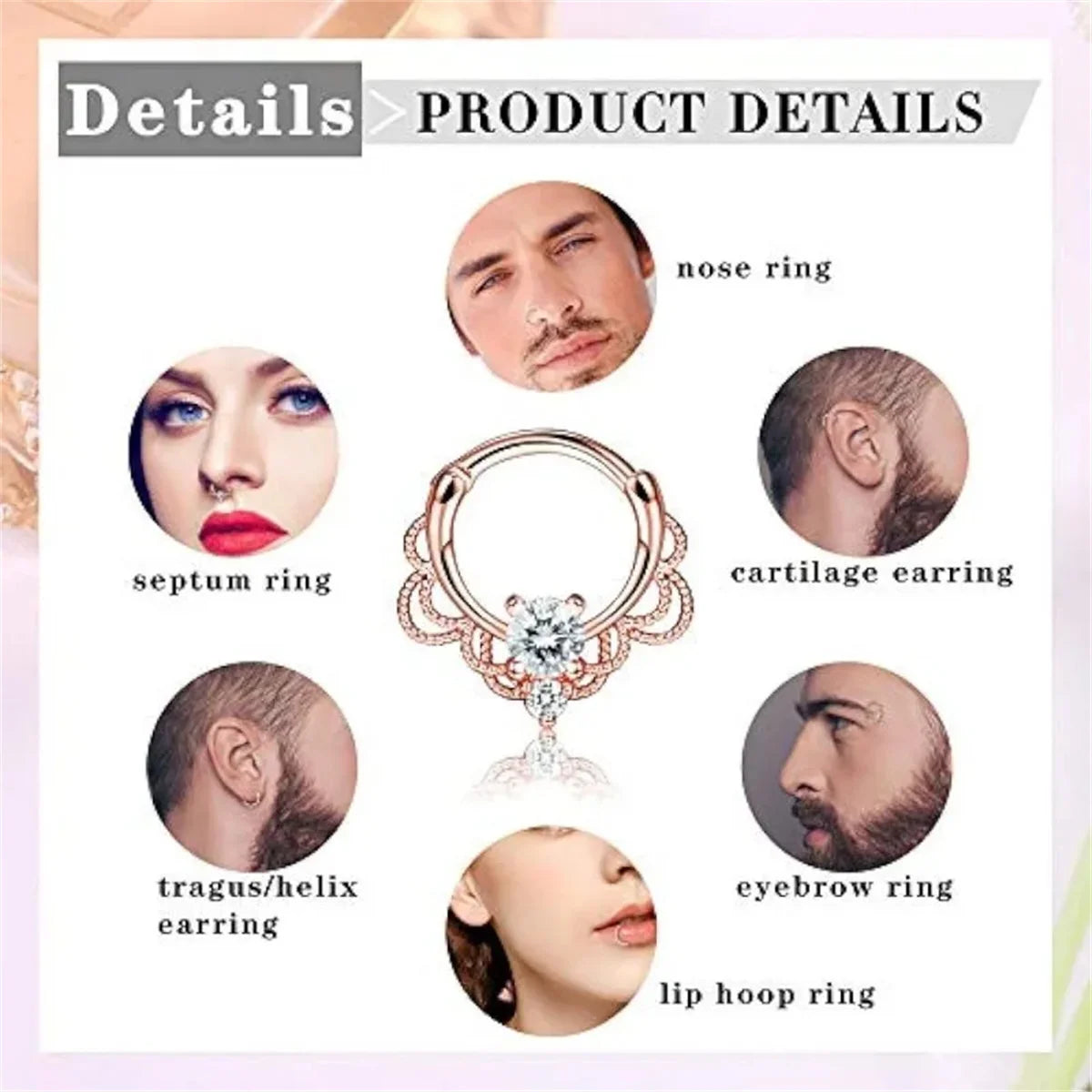 6Pcs 16G Fashion Stainless Steel Septum Clicker Nose Rings,Cartilage Tragus Helix Daith Earring Hypoallergenic Piercing Jewelry