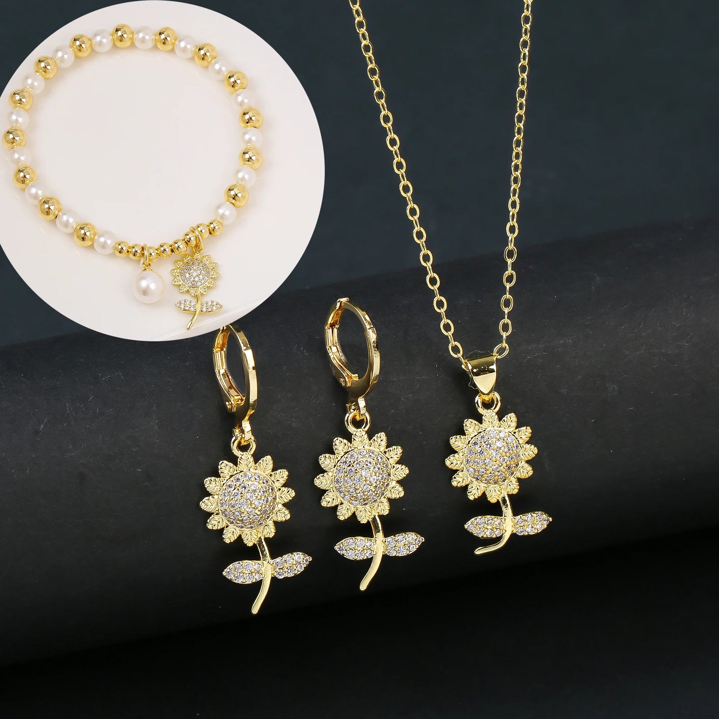 3pcs Lucky Plant Sunflower Rose Flower Necklace Jewelry Set Bracelet Earrings Charming for Women Girls Party Birthday Jewelry