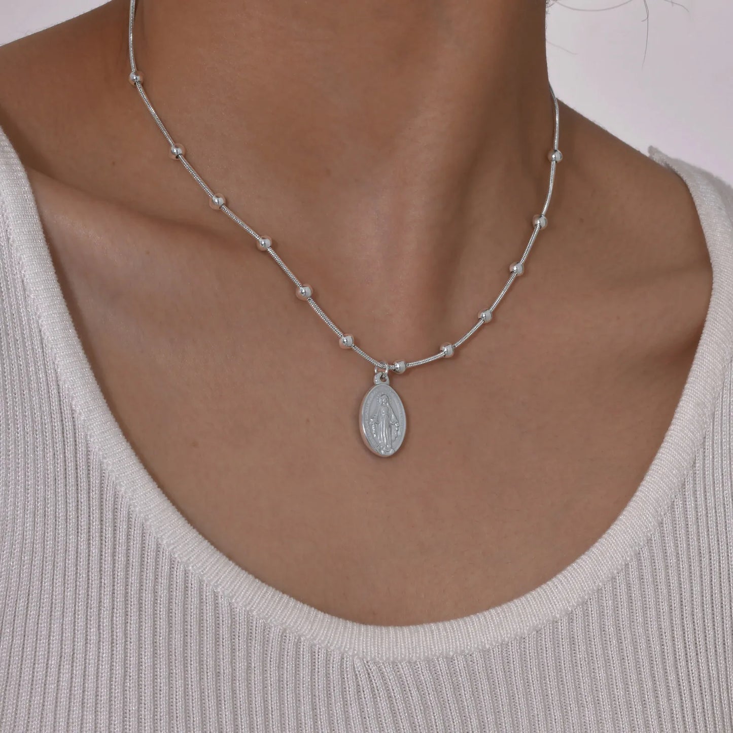 Holy Virgin Rosary Necklace for Women,Stainless Steel Bead Snake Chain Necklaces,Classic Religion Jewelry Gift