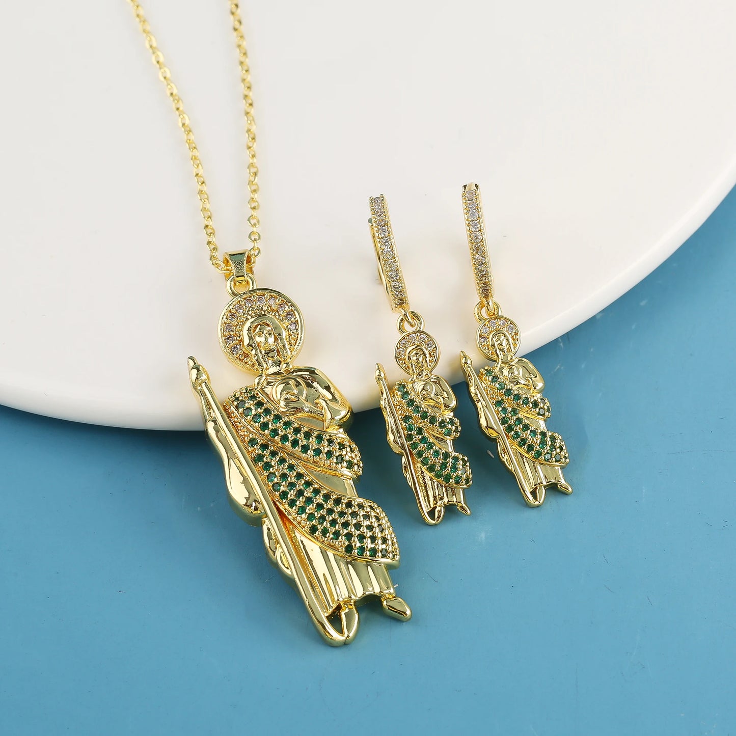 18K Gold Plated Religious Figures St. Jude Necklace Earrings Jewelry Set Simple for Woman Christian Catholic Jewelry Daily Wear