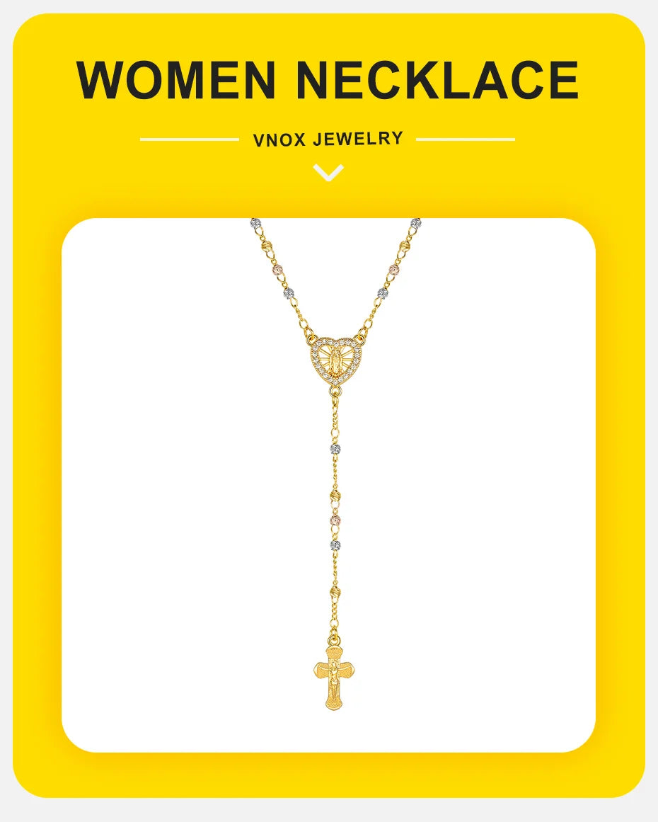 Vnox Virgin Mary Heart Rosary Necklaces for Women Men, Gold Plated Cross Prayer Collar, Long Sweater Chain Necklace