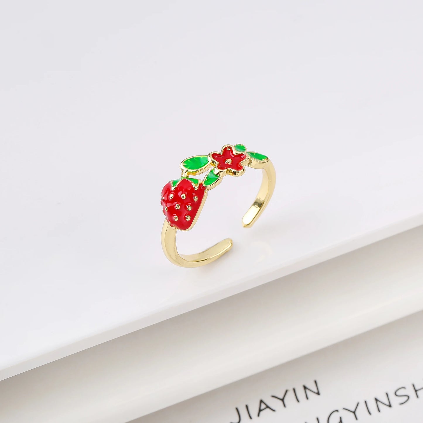 New Creative Copper Oil Drop Red Strawberry Zirconia Ring Charm For Woman Girl Vacation Casual Jewelry Accessories Adjustable