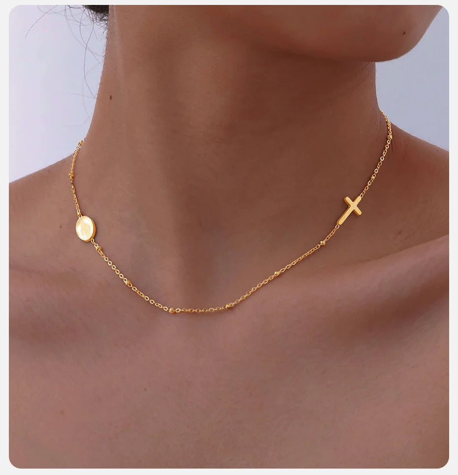 Vnox Dainty Sideway Cross Necklaces, Women's Virgin Mary Charm Collar, Adjustable Stainless Steel Jewelry