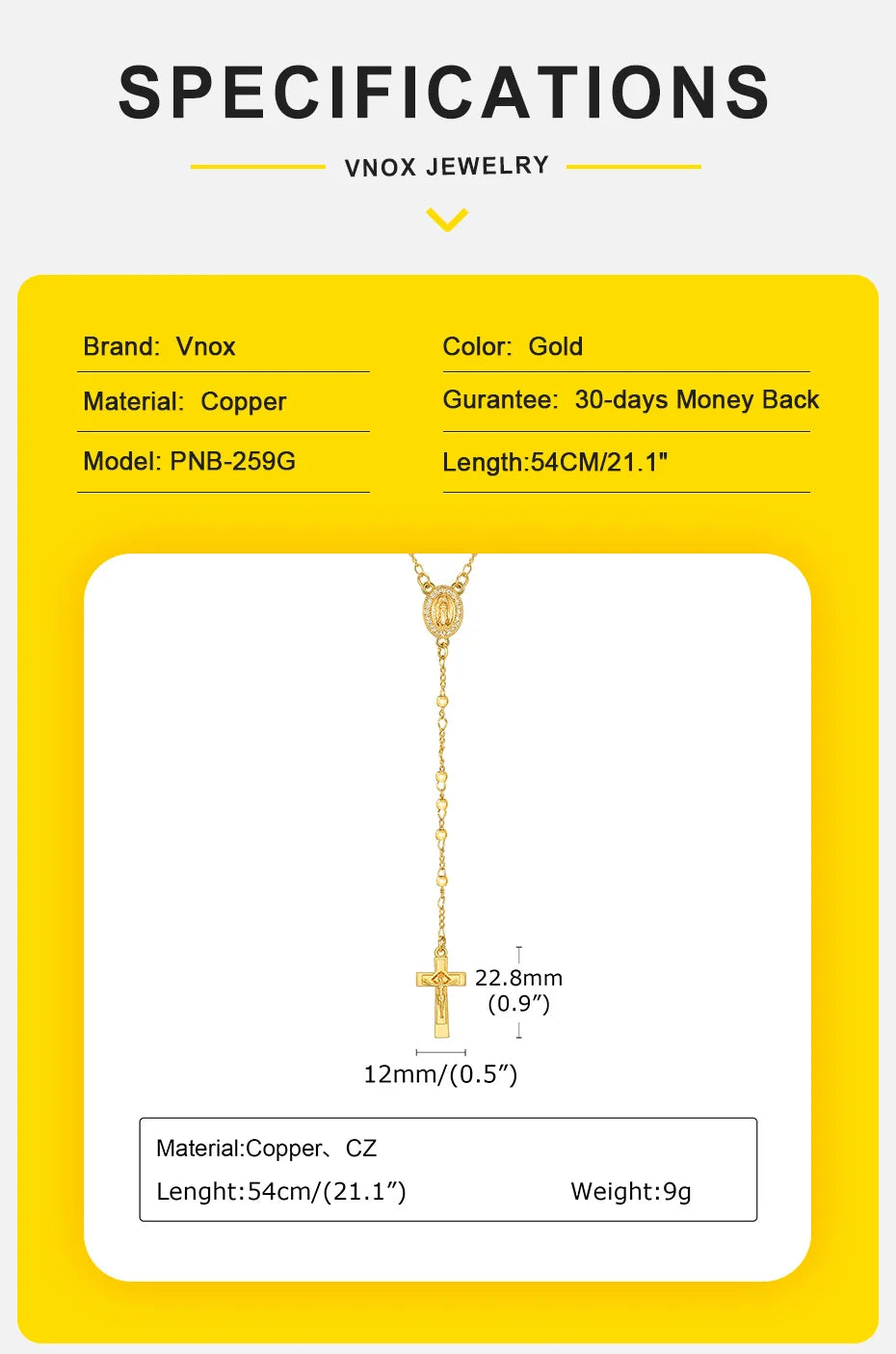 Vnox Virgin Mary Heart Rosary Necklaces for Women Men, Gold Plated Cross Prayer Collar, Long Sweater Chain Necklace