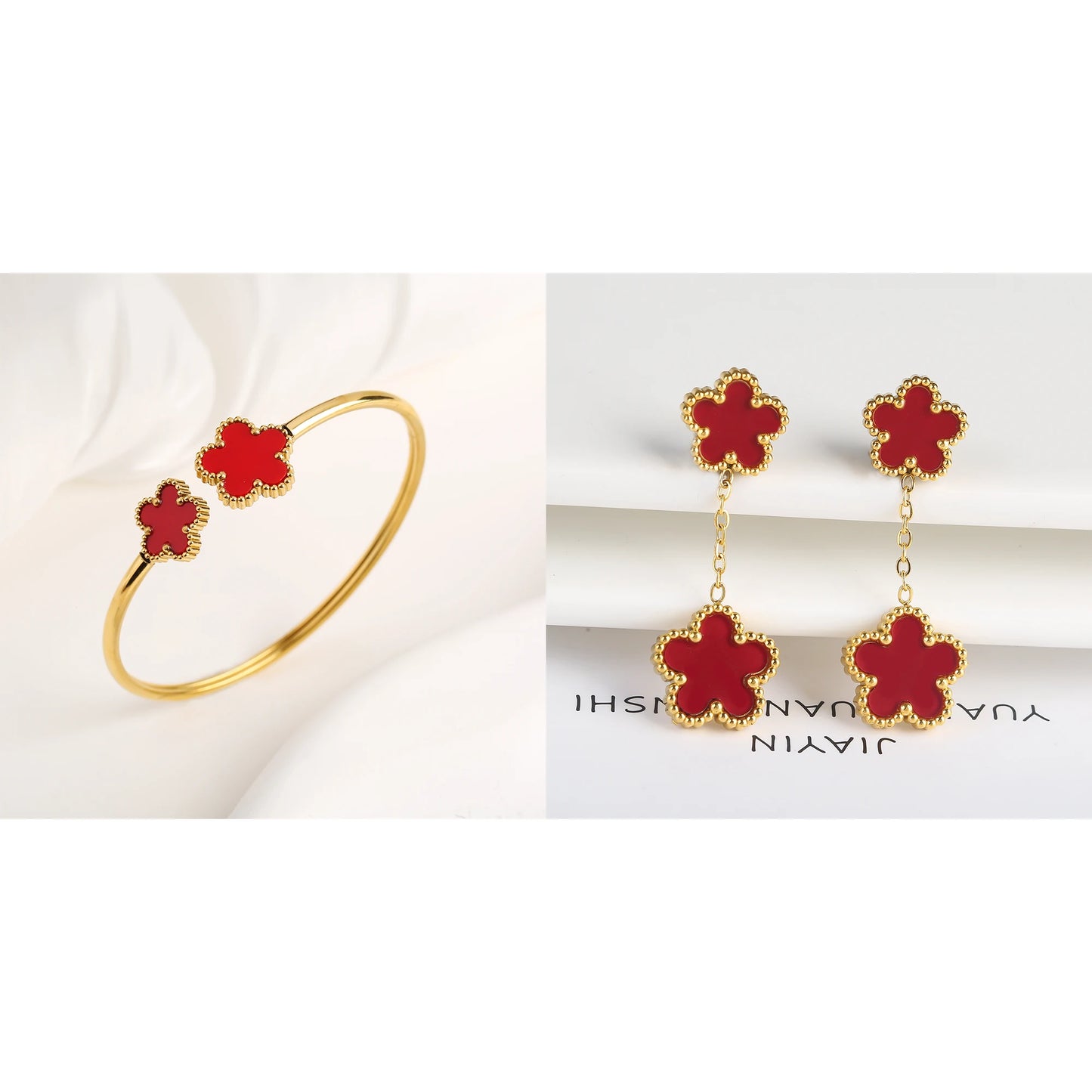 7 Color Bracelet Earrings Stainless Steel Five Leaf Flower Jewelry Set High Quality Woman Classic Daily Party Jewelry Clover New