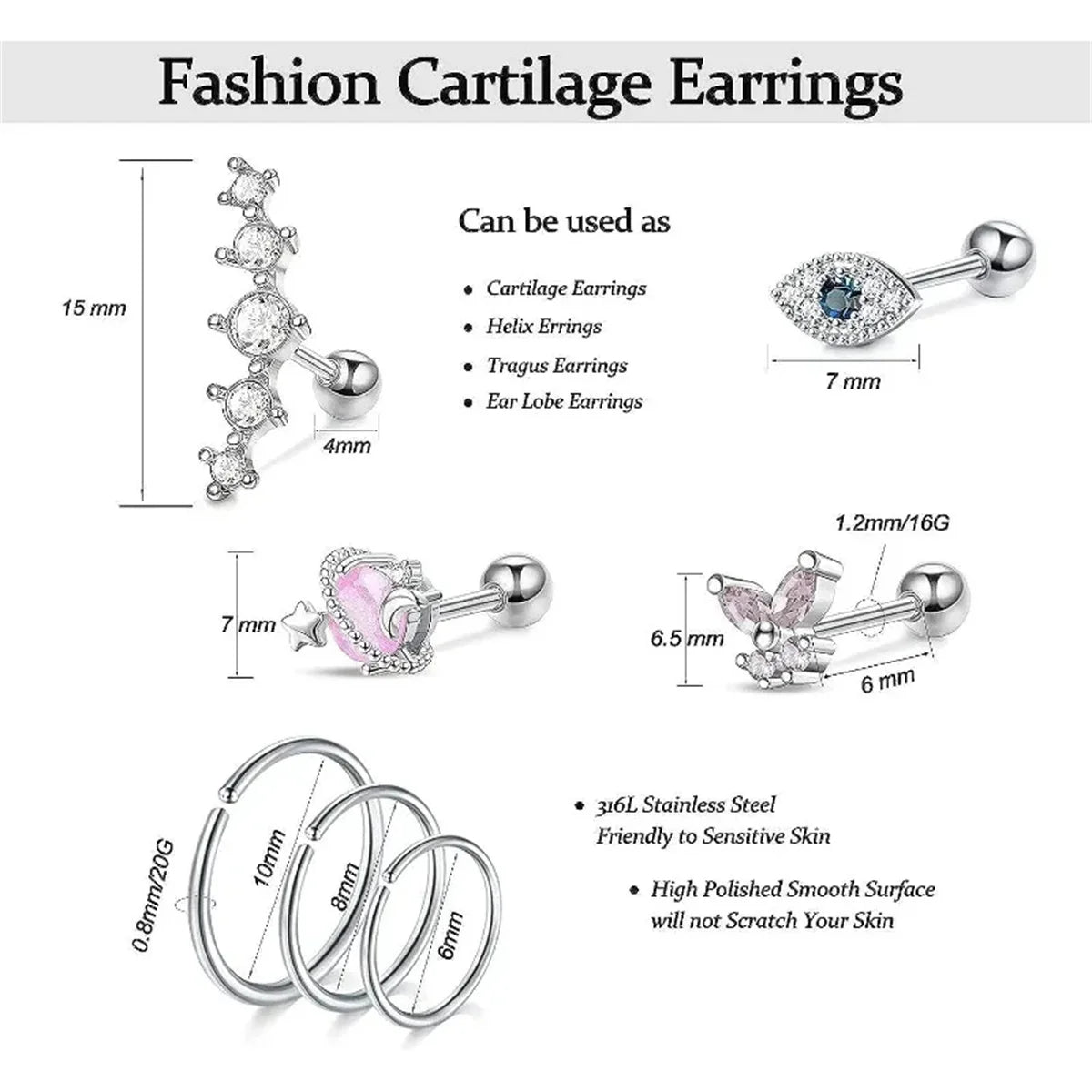 2-16Pcs 16G Cartilage Earring, Hypoallergenic Tragus Conch Helix Studs Earrings Daily Decor Jewelry For Women Men Girls