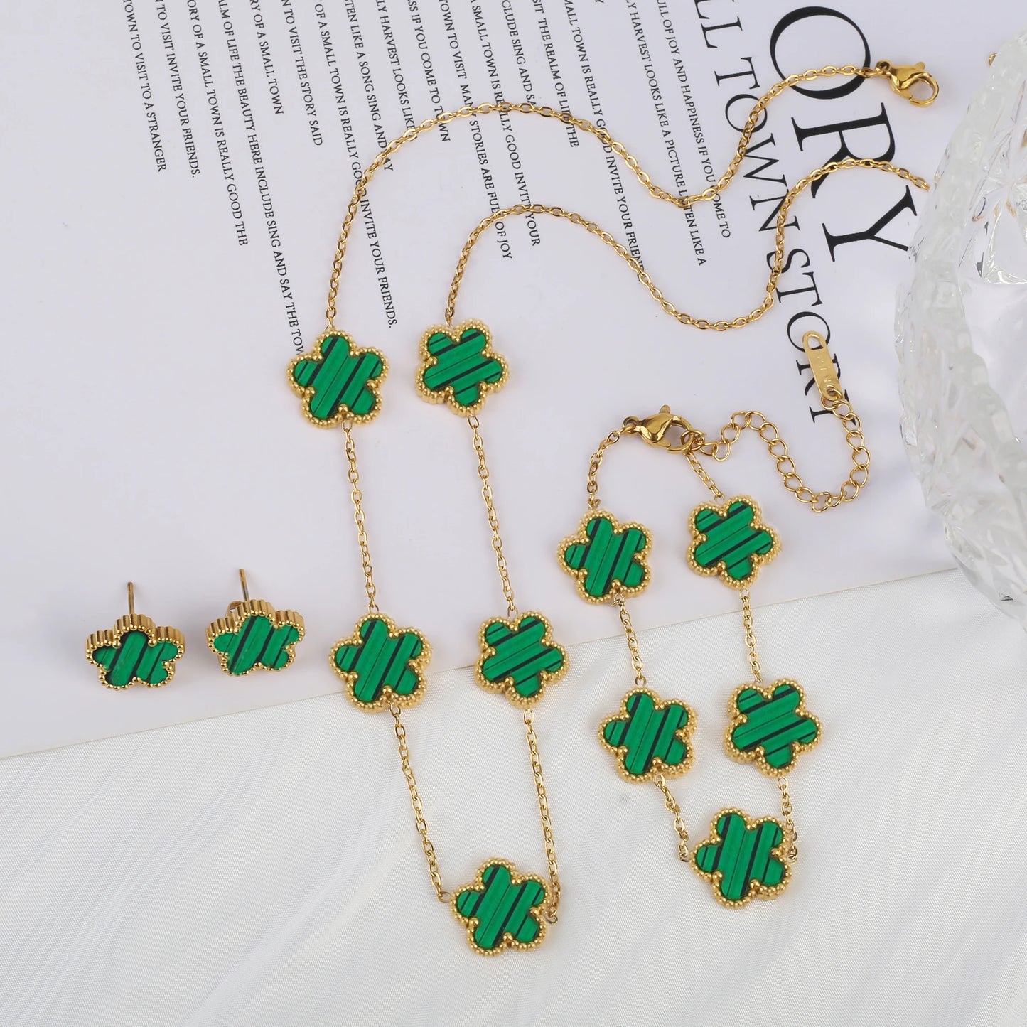 3Pcs Luxury Stainless Steel Five Leaf Flower Jewelry Set Bracelet Necklace Earrings Classic for Women Daily Party Jewelry Clover