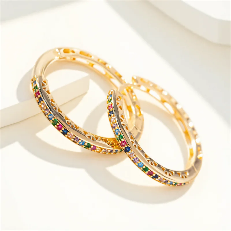 Rainbow Zircon Multicolor Stone Round Hoop Earrings For Women Gold Color Ear Buckle Daily Wedding Party Jewelry Mothers Day Gift