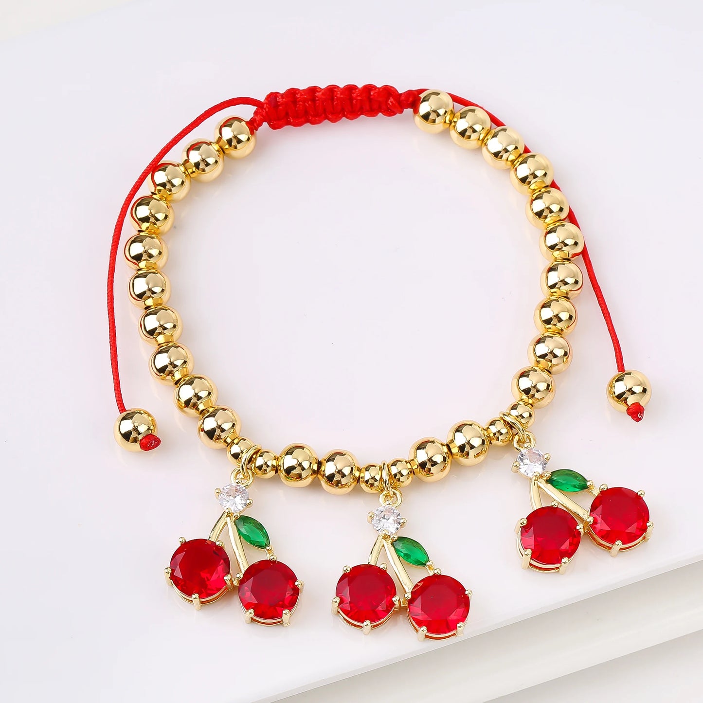 Gold Plated 6mm Copper Bead Chain Braided Fruit Cherry Crystal Adjustable Bracelet New Fashion Woman Girl Daily Wear Jewelry