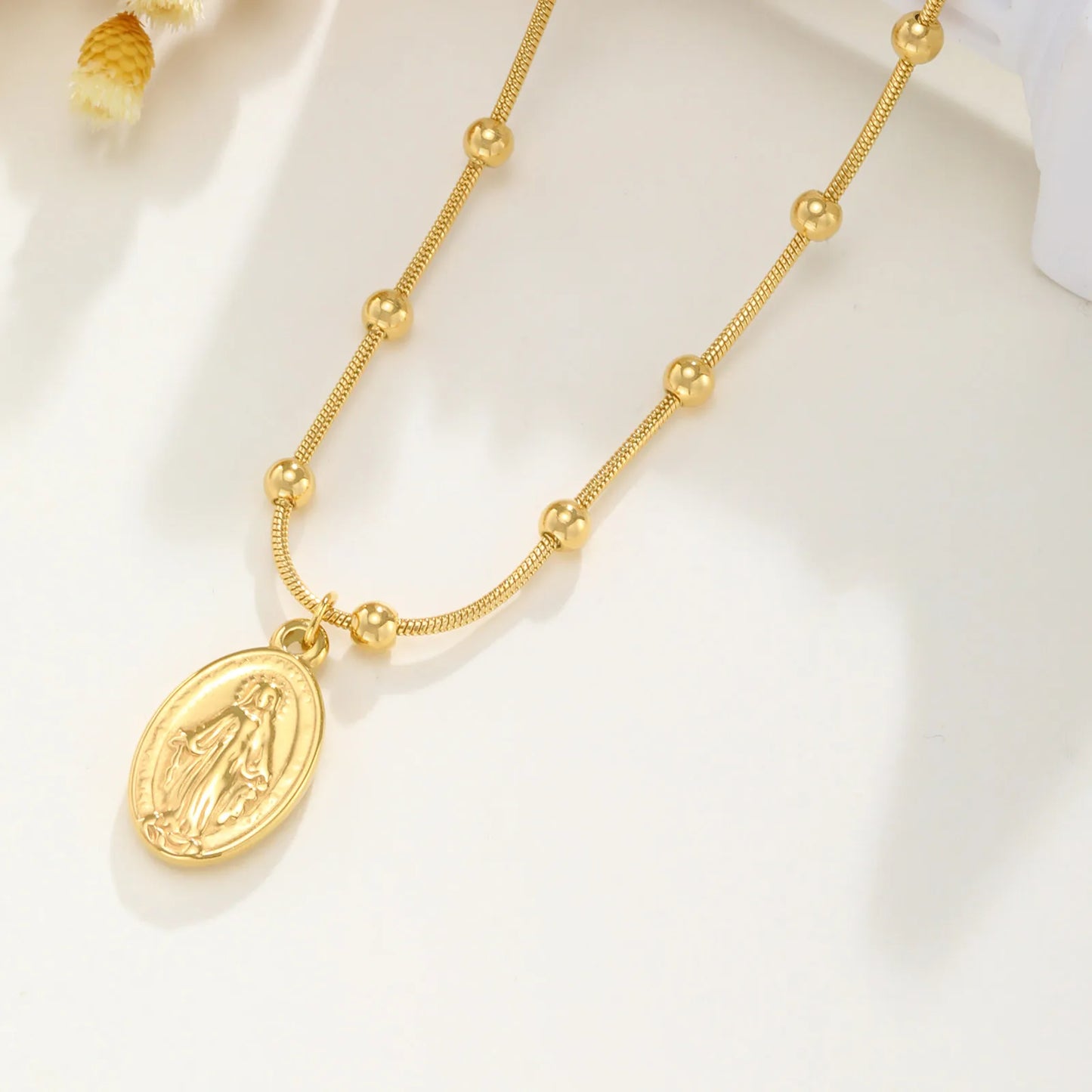 Holy Virgin Rosary Necklace for Women,Stainless Steel Bead Snake Chain Necklaces,Classic Religion Jewelry Gift