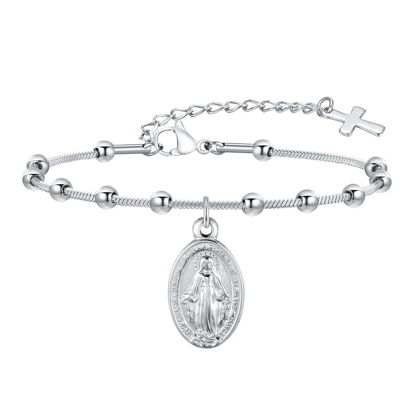 Vnox Rosary Bracelet for Women Girls, Gold Plated Stainless Steel Religious Cross and Virgin Mary Prayer Bracelets Gifts