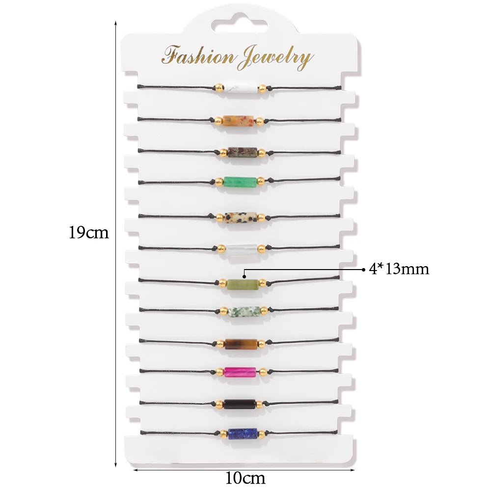 Wholesale 12Pcs/Set Colorful Natural Stone Bracelets Adjustable Rope Braided Bracelet Handmade Bohemia Bracelets with Cards