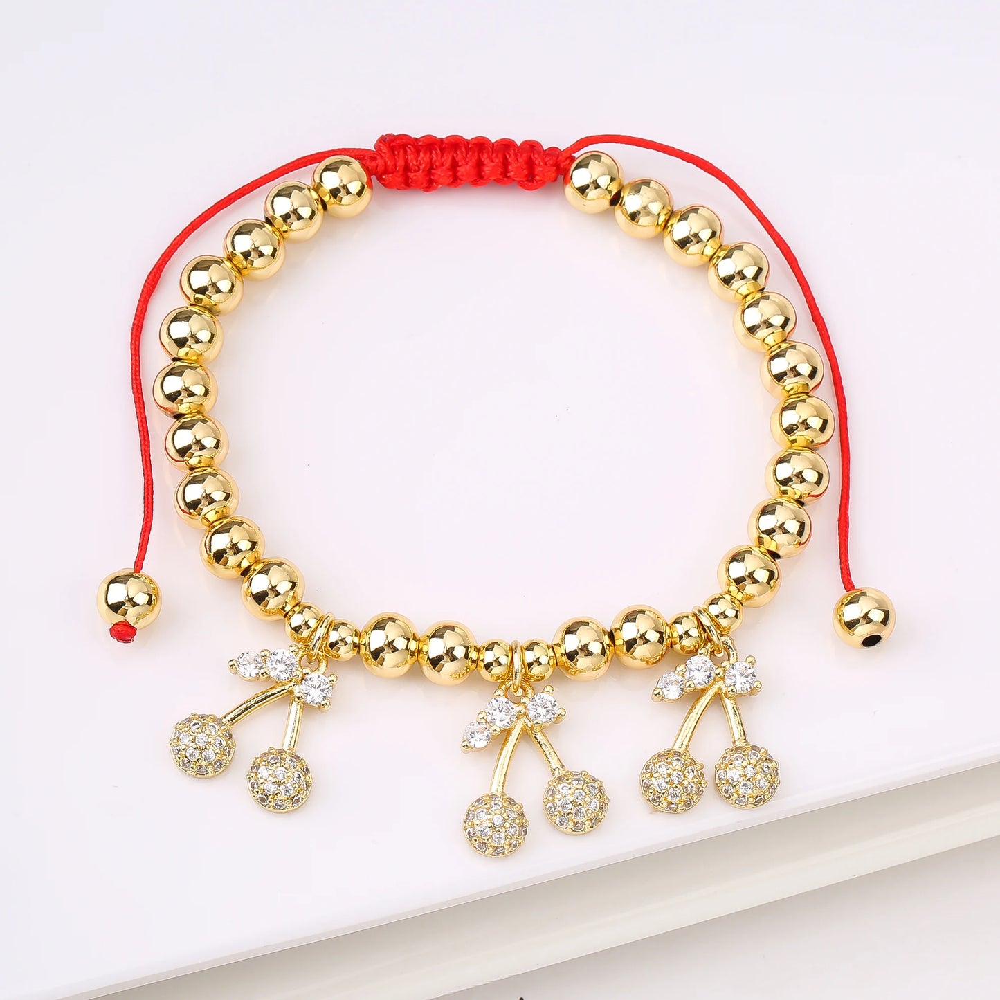 Gold Plated 6mm Copper Bead Chain Braided Fruit Cherry Crystal Adjustable Bracelet New Fashion Woman Girl Daily Wear Jewelry