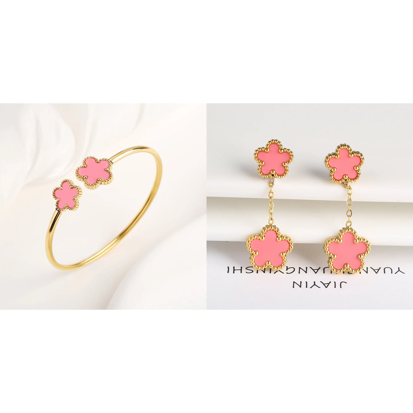 7 Color Bracelet Earrings Stainless Steel Five Leaf Flower Jewelry Set High Quality Woman Classic Daily Party Jewelry Clover New